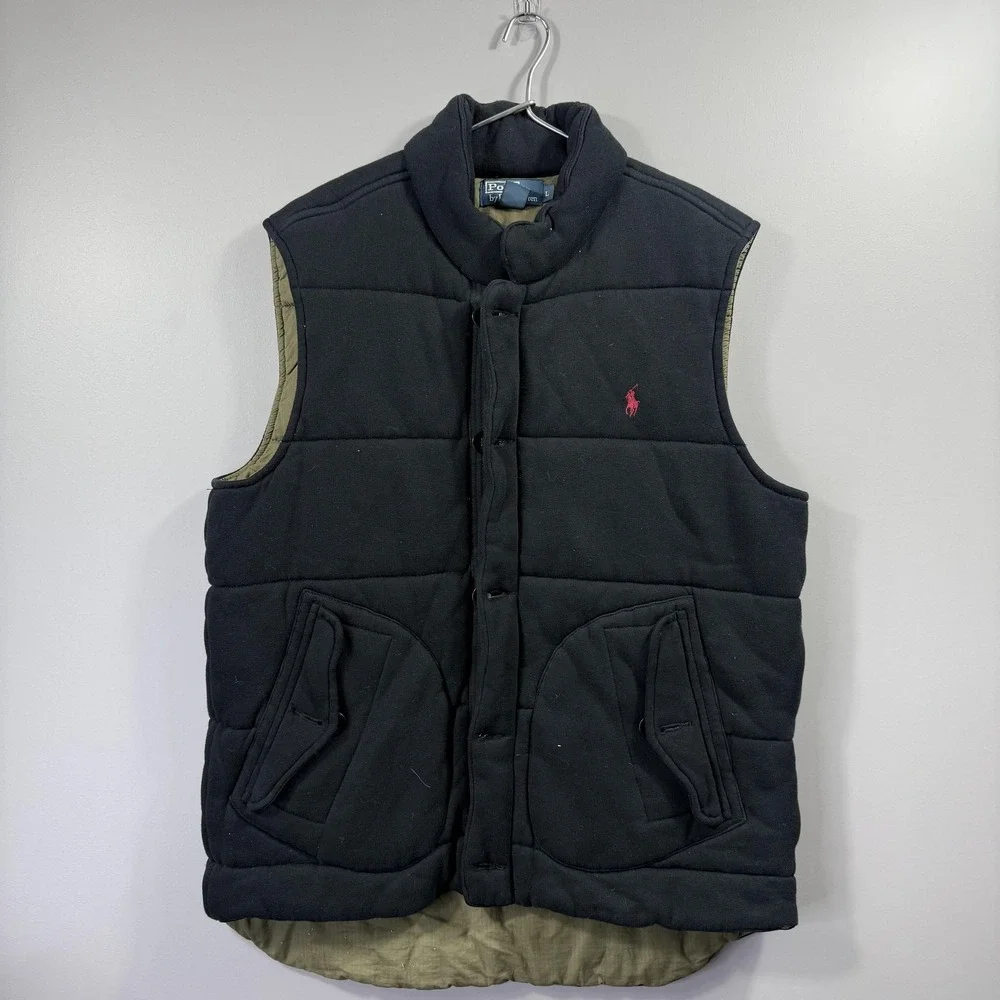 Polo Ralph Lauren Vest Mens Large Black Quilted Snap Front Puffer Warm